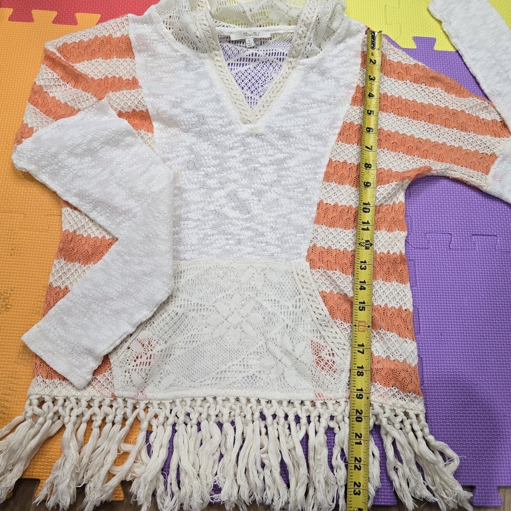 Miss Me Women's Boho Crochet Lace Hoodie Orange‎ White Striped Fringe Hem Small